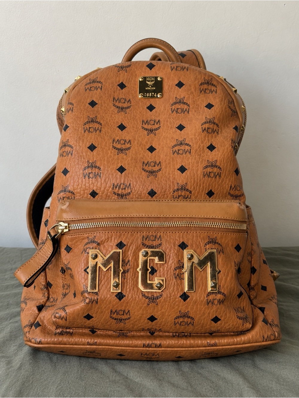 MCM Cognac Logo Canvas Backpack with Gold Hardware